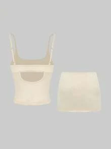 SHEIN SXY 2pcs/Set Women Floral Print Crop Camisole Top And Form-Fitting Mini Skirt Sexy Butter Yellow Set, Club Outfit