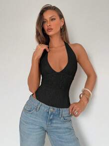 Chiquease Slim Fit Sexy Lace Halter Neck Black Bodysuit