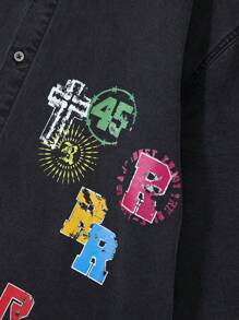 ROMWE MEN Prep 男士单排扣落肩短袖字母印花休闲牛仔衬衫 - 黑色 - 查看 4