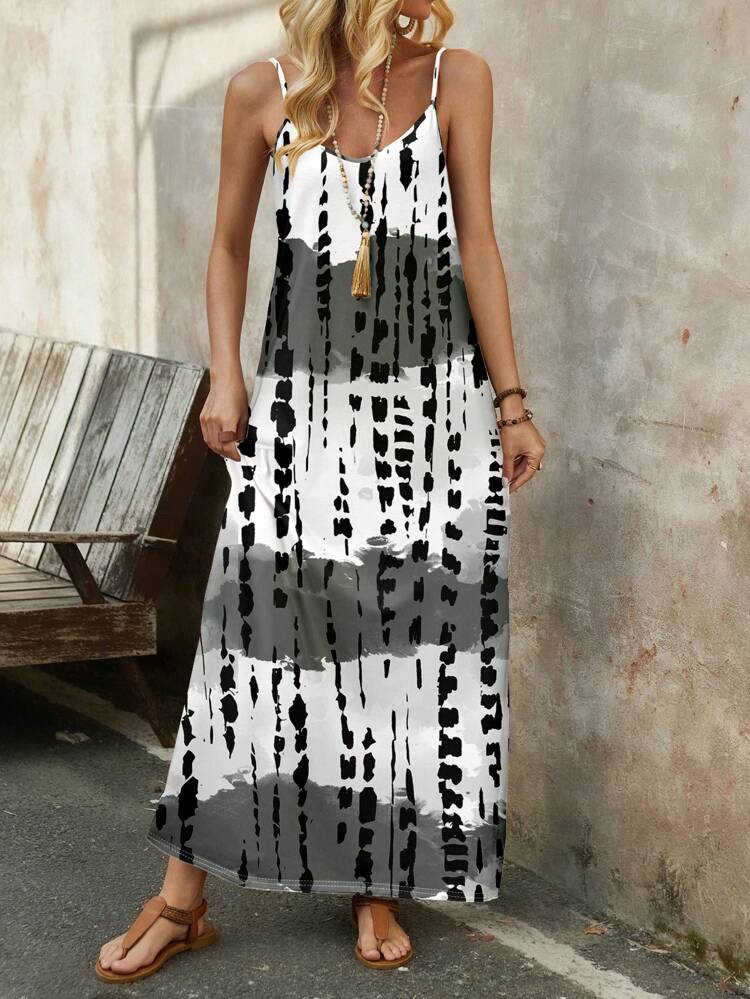 Women's Casual Tropical Plant Print Loose Spaghetti Strap Dress, Suitable For Summer Vacation Dress