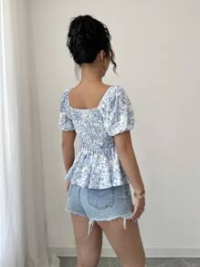 Elenzga 方领花卉印花荷叶边下摆短袖衬衫 - 藍白色 - 查看 2