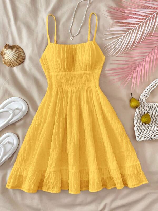 SHEIN Teen Girls' Summer Casual Vacation Solid Ruffle Hem Sleeveless Spaghetti Strap Sundress, Suitable For Date Night, Beach Dress, Casual Outing In Summer