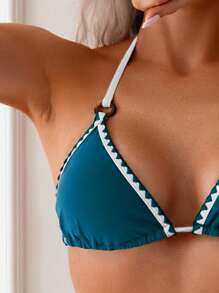 SHEIN Đồ bơi viền vỏ sò màu xanh quân đội dành cho nữ - Màu xanh lam - Xem 4