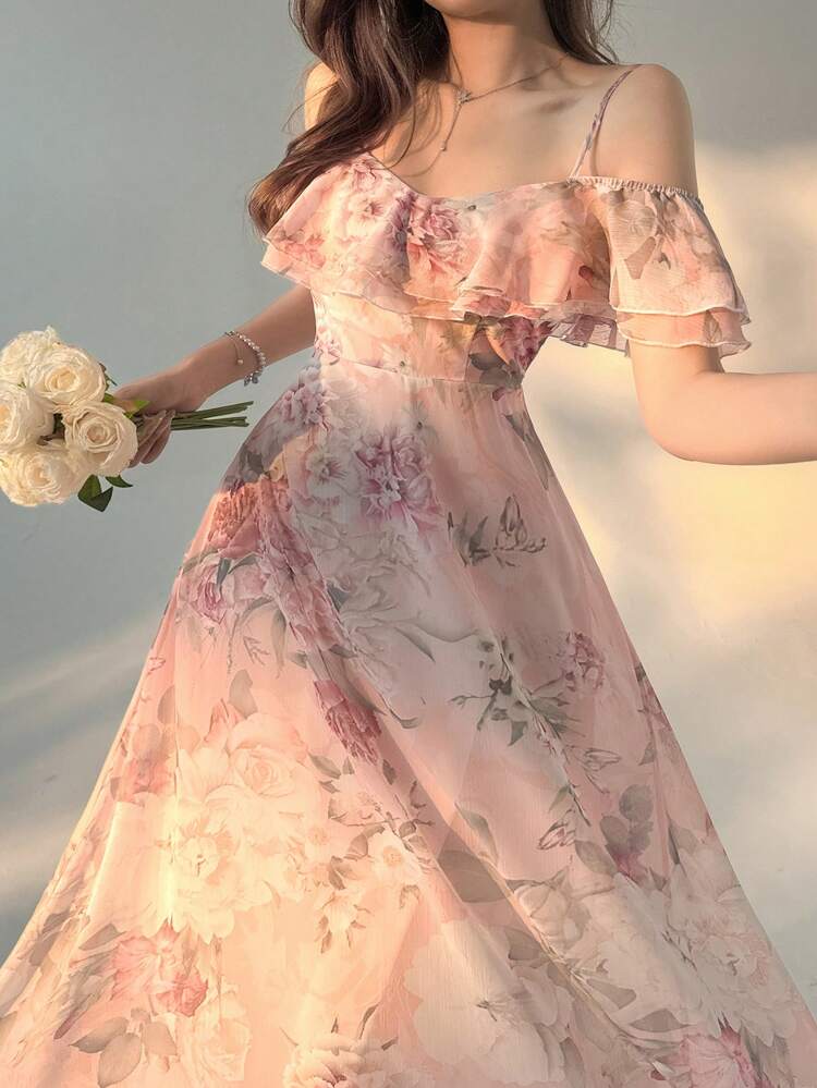 Women's Long One Shoulder Ruffled Hem Floral Print Dress, Summer Birthday Party Outfit,Back To School Clothes Maxi Dress