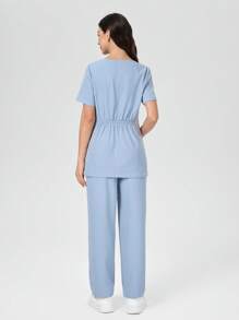 TaskEZ 2 Pieces Women's /Nurse Scrub Uniform Set: Long Top & Pants - Dusty Blue - View 2