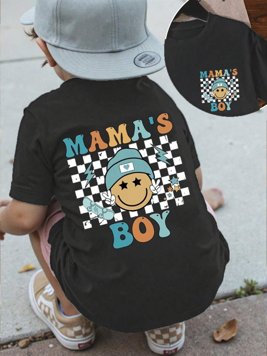 Young Boys' Casual Stylish Comfortable Simple Face & Letter Print Short Sleeve T-Shirt, Spring/Summer - Black - View 1