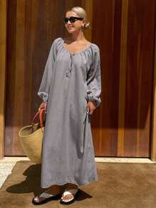 Livesso 秋季女士纯色宽松长袖露背抽绳休闲度假连衣裙