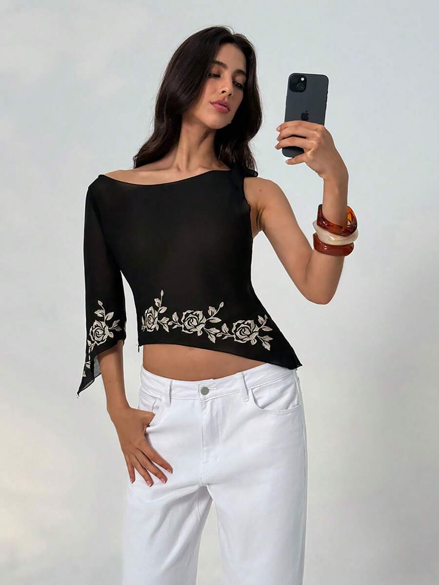 Aloruh Blouse en mousseline de soie transparente avec broderie florale, manches évasées, nœud papillon et épaules dénudées pour femmes, pour le printemps/été, style casual - Noir - Voir 1