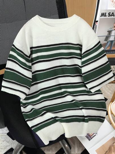 Manfinity CasualKnits Camiseta casual de punto de cuello redondo de manga corta con rayas para hombre, de corte holgado, para el verano