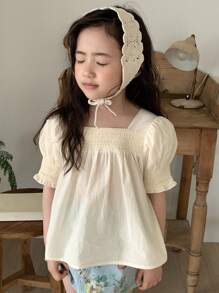 DAZY 年轻女孩方领自然风格休闲荷叶边下摆短袖衬衫，女孩夏季服装 - 杏色 - 查看 4