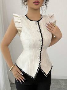 Elenzga 女式优雅拼色蕾丝拼接系带腰部前开盖袖衬衫 - 卡其色 - 查看 5