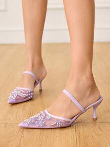CUCCOO HITCHD Women's Pointed Toe Pearl Embroidery Lace High Heel Mules, Elegant Romantic Light Purple Mesh Dress Shoes, Bridal, Bridesmaid Shoes, Suitable For Afternoon Tea, Dating, Party, Wedding, Banquet
