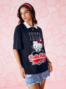 HELLO KITTY AND FRIENDS | SHEIN 1 件夏季休闲卡通字母印花拼色 Polo 领短袖 T 恤，男女通用 - 藏蓝色 - 查看 4