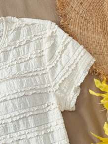 SHEIN LUNE 女式纯色圆领短袖荷叶边下摆休闲T恤，夏季 - 杏色 - 查看 3