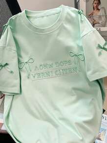 SHEIN Plus Size Women's T-Shirt With Letter Embroidery And Bow Decor - Mint Green - View 4