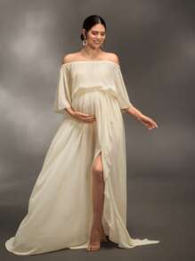 Cheriluna Maternity Robe de grossesse pour séance photo à épaules dénudées, couleur unie, avec fente haute et ourlet volant
