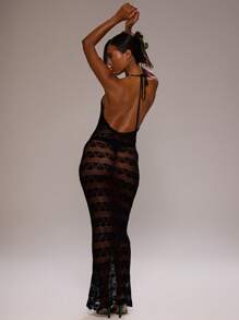 MUSERA Vestido maxi ajustado de crochet con tirantes finos y cuello halter, ideal para primavera, verano, vacaciones, playa, fiesta, elegante, lindo, sexy, estilo bohemio, Ibiza, festival, noche y Navidad - Negro - Ver 4