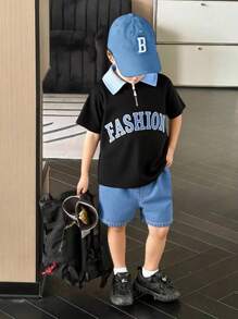 SHEIN Explorewe Young Boy Polo Neck T-Shirt With Denim Shorts, Fashion Casual Chic, Skin-Friendly Soft Fabric, Suitable For Summer,Holiday,Summer,Travel - Multicolor - View 3