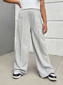 Tween Girl  Street Style Knit Solid Color Loose Straight Casual Pants - Light Grey - View 5