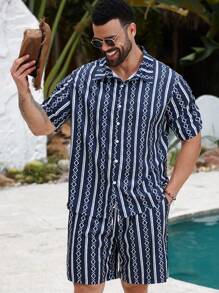 Manfinity Homme Bộ 2 áo sơ mi tay ngắn in họa tiết cỡ lớn dành cho nam và quần short - Nhiều màu - Xem 5