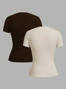 SHEIN EZwear Bộ 2 áo thun cổ tròn tay ngắn cơ bản thường ngày, màu nâu sẫm và màu be nhạt, mùa xuân/hè - Nhiều màu - Xem 2
