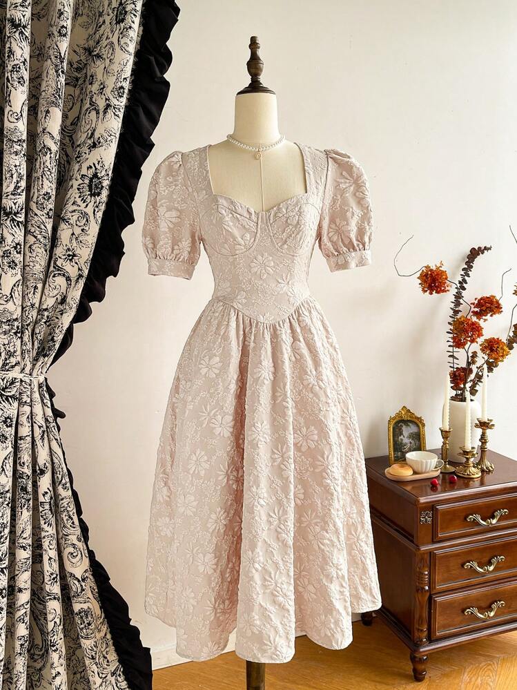 Vintamour Beige Summer Elegant Vintage Textured Bodice Heart-Shaped Neckline Puff Sleeve A-Line Dress,Perfect For Date,Wedding Guest,Graduation & Cocktail Party - Apricot - View 2