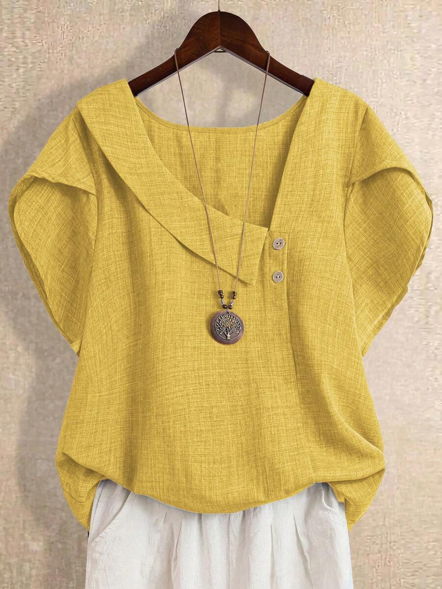 EMERY ROSE Plus Size Women Solid Color Casual Asymmetrical Collar Blouse, Summer Going Out Tops, Yellow - Yellow - View 1