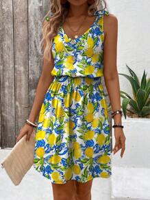 INAWLY Vestido de verano sin mangas con cuello en V y estampado de limón para mujeres