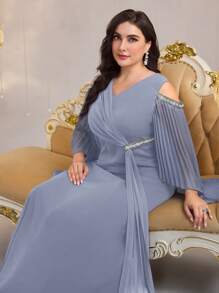 Modelyn Vestido sólido minimalista de talla grande con puño de manga de talla grande para mujer - Azul - Ver 4