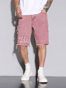 Manfinity EMRG Men's Loose Fit Distressed Five-Pointed Star Pocket Denim Shorts Pink Denim Shorts