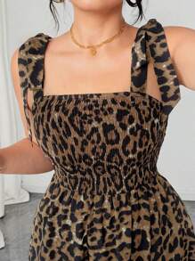 Elenzga Plus Size Women Leopard Print Tie-Up Bow Decor Waist Ruffle Hem Long Casual Vacation Dress, Spring/Summer - Brown - View 5