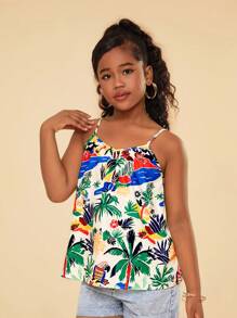 Top canotta casual da ragazza con fiori piccoli e motivo intrecciato, adatto per le vacanze