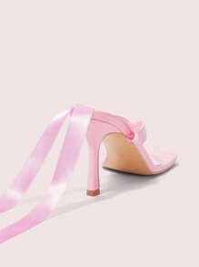 CUCCOO DOLLMOD Women's Pink PU Color Ribbon Tie Decor Square Toe Elegant High Heel Sandals - Pink - View 6