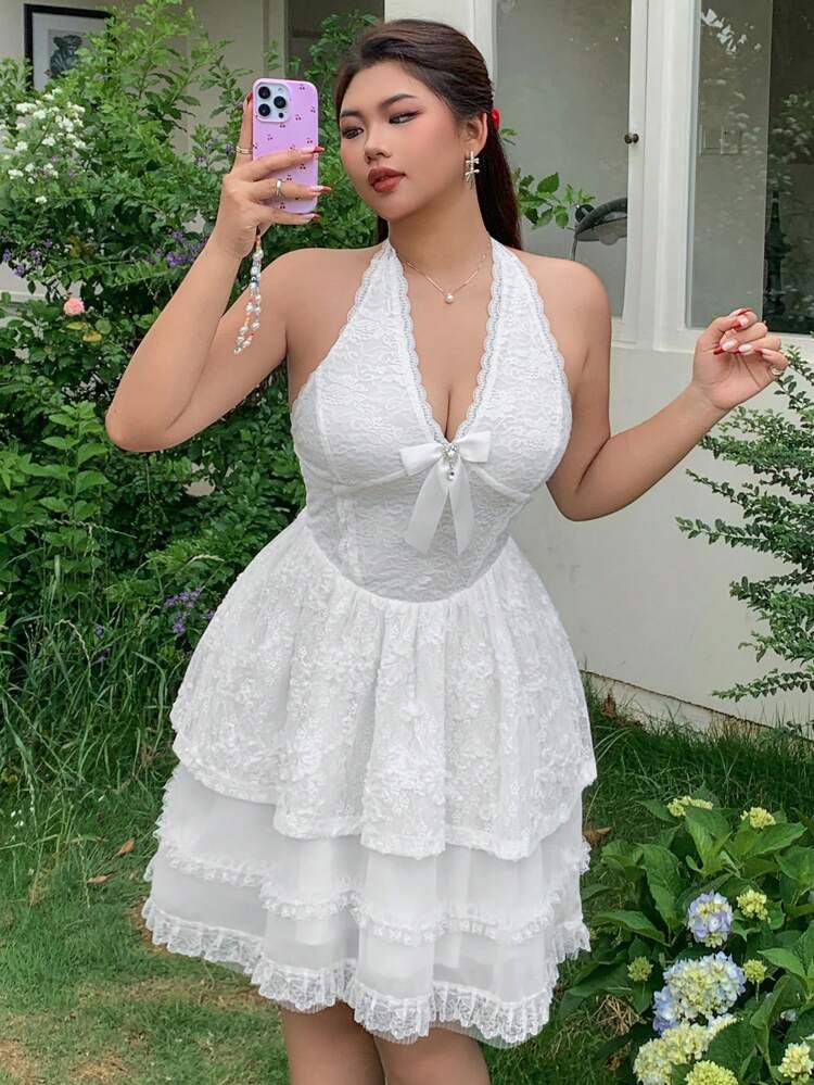 Dazy Plus Plus Size Lace Patchwork Bow Decor Halter Neck Bodycon Short Dress Homecoming Dresses Vacation Cruise Outfit For Women Off The Shoulder Boho