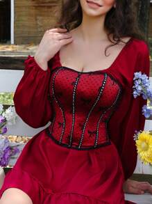 SHEIN 1件女士亮片蕾丝系带蝴蝶结性感抹胸上衣，适合音乐节内衣外穿，圣诞节礼物