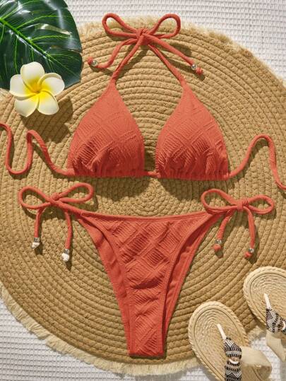 Bellisia Women's Simple Solid Color Texture Fabric Halter Split Bikini Swimwear Set, Beach Holiday Style For Summer Beach Vacation