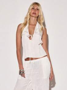MUSERA Halterneck Crinkle Tie Front Backless Loose Fit Sleeveless Top Only Summer Vacation 90's Streetstyle Cool Girl Festival Holiday Beach Casual