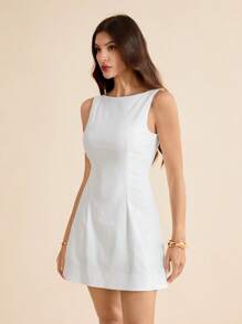 SHEIN Tall 女士夏季纯色前拉链休闲百搭毛衣裙白色连衣裙，女士夏季连衣裙，茶会礼服，白色毕业礼服，商务休闲女装 - 白色 - 查看 1