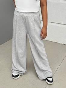 Tween Girl  Street Style Knit Solid Color Loose Straight Casual Pants - Light Grey - View 7