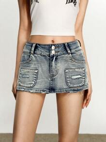 Rina Fox Quần váy denim giặt rách thường ngày cho nữ - Rửa tối - Xem 1