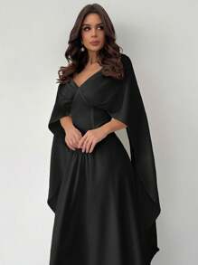 SHEIN Privé Women's Elegant Romantic Charm V-Neck Belted A-Line White Maxi Dress With Super Long Sleeve, Suitable For Valentine's Day, Vacation, Spring/Summer - Black - View 6