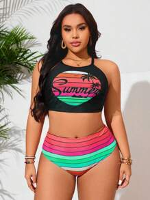 Slaydiva Conjunto de traje de baño de talla grande para mujer con estampado de leopardo y cordón, de estilo casual para vacaciones