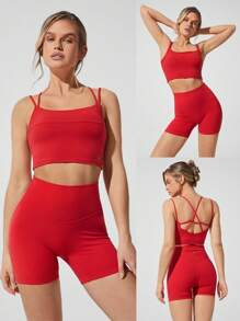 GLOWMODE FeatherFit™ Superstar 吸汗可拆卸罩杯双交叉肩带运动胸罩低冲击瑜伽普拉提 Barre Studio 日常休闲服 - Fiery Red - 查看 6