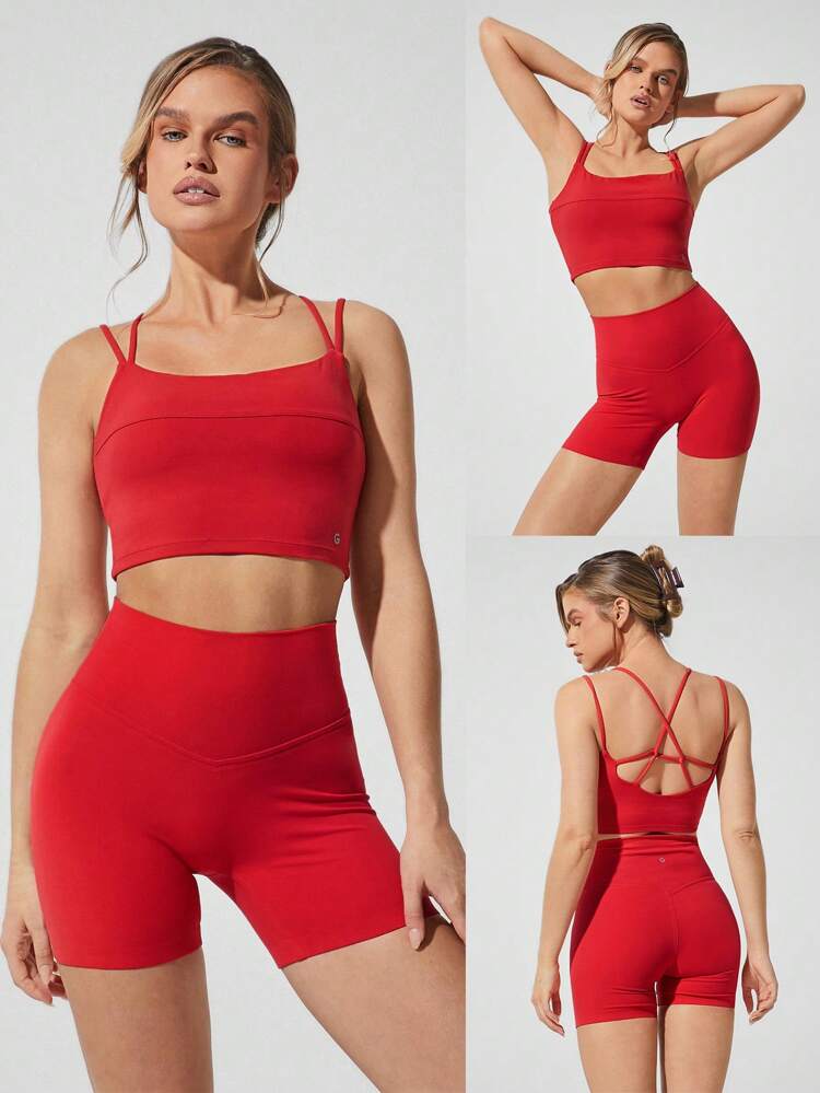 FeatherFit™ Superstar Sweat-Wicking Removable Cups Double Crossover Straps Sports Bra Low Impact Yoga Pilates Barre Studio Daily Casual Wear