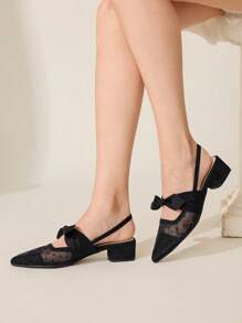 CUCCOO CHICEST Black Polka Dot Mesh Bow Design Flats, Sexy Elegant Lady Style Breathable Low Heel Backless Slip On Shoes