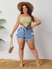SHEIN CURVE+ Pantaloni scurți din denim spălați și uzați, mărime plus, de vară, casual