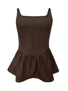 INAWLY Brown Pleated Sleeveless Top For Women (4-Way Stretchy) , Peplum Top