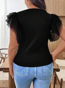 SHEIN Clasi Plus Size Women's Casual Black Crew Neck Short Sleeve T-Shirt, Elegant Summer Color Block Comfortable Fabric Versatile Suitable For Work Commute - Black - View 2