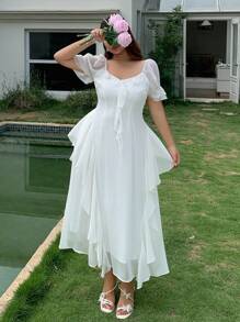 Dazy Plus Contrast Lace Ruffle Hem Waist Flattering White Long Dress, Short Sleeve, Summer - White - View 6