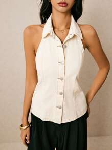 Poéselle 女式牛仔上衣 露背系带吊带衬衫 纽扣门襟 白色牛仔上衣 女式性感前扣露背吊带牛仔短款上衣 夏季衬衫 白色上衣 女式背心 白色衬衫 可爱上衣 乡村音乐会白色背心 音乐会白色女式上衣 街头服饰女式牛仔、复古风、商务休闲女式 - 杏色 - 查看 5